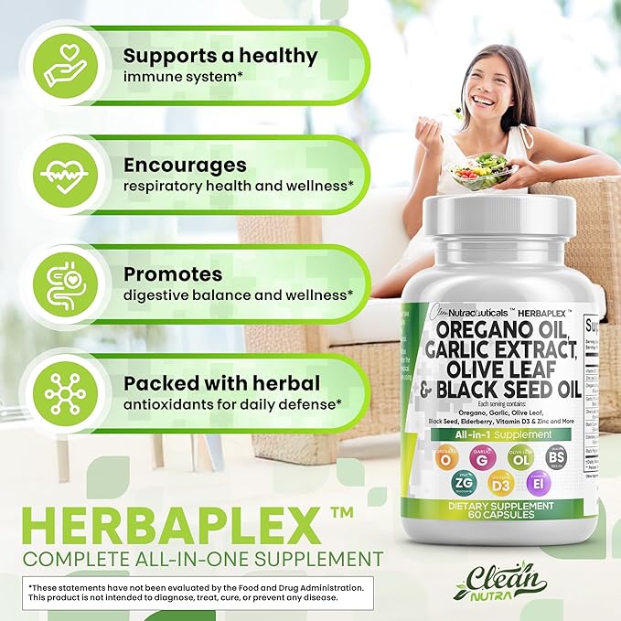 Clean Nutraceuticals Oregano Oil Garlic Extract Olive Leaf Black Seed Oil - Immune Support & Digestive Health Supplement for Women and Men with Vitamin D3 & Zinc - 3Pack