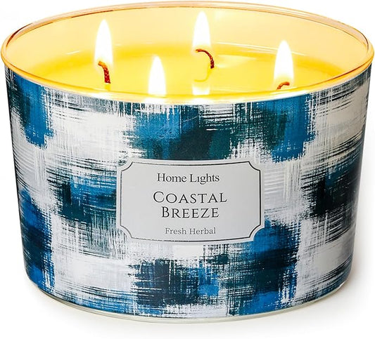 HomeLights Large jar Candle | 4-Wick Long-Lasting Scented Candles, 18oz Natural Soy Wax Candle for Home Scented, Scandinavian Minimalist Design Gifts for Women & Men, Coastal Breeze
