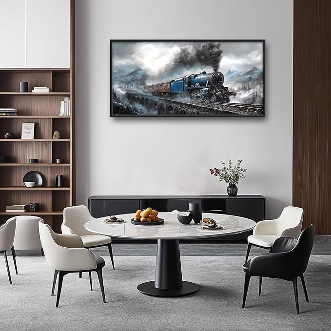 Kylora Train Wall Art Blue Gray Train Pictures Wall Decor Large Master Over Above Bed Canvas Bridge Prints Horizontal Modern Artwork Painting Home Office Decorations For Kitchen Bedroom 30"x60"