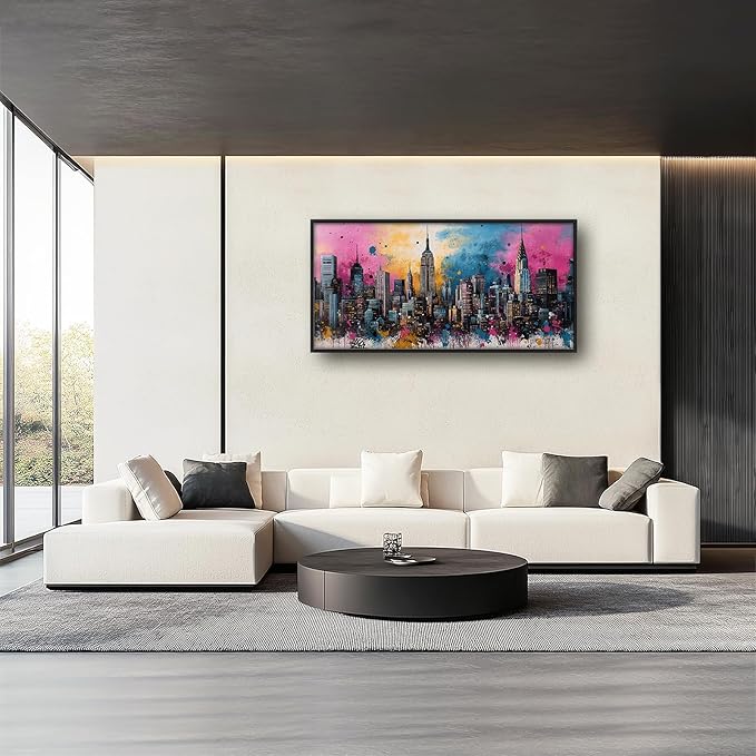 Glocmna Large Wall Art for Living Room Banksy Street Graffiti New York City Wall Decor Modern Skyline Cityscape Pictures Painting Big Canvas Print Framed Artwork Decorations Home Office Bedroom 30"x60"