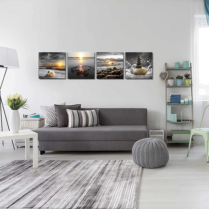 Bamdeya Beach Wall Art Canvas Zen Prints Art Black and White Wall Decor Gold Sea Sunset Seascape Wall Pictures Ocean Sunrise Love Painting for Living Room Bathroom Decor Home Decoration Framed