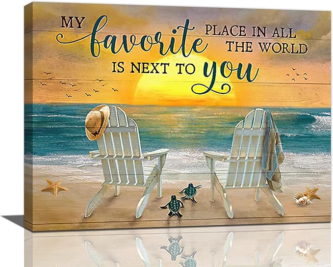 Fleruku Beach Wall Art Ocean Coastal Wall Decor Nautical Sunrise Sunset Sea Turtles Pictures Canvas Painting Artwork Home Decorations for Living Room Bedroom Bathroom Office 16"x12"