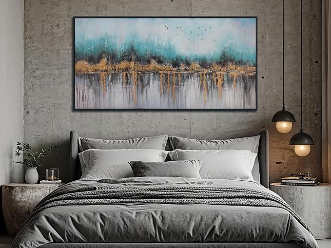 Ardemy Teal Abstract Canvas Wall Art for Living Room Landscape Painting Bedroom Turquoise Grey Textured Picture Artwork Wall Art for Men Home Office Wall Decor, Black Wood Framed Extra Large 58"x29"