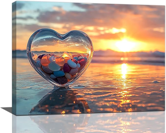 Fleruku Beach Sunset Wall Art Ocean Coastline Wall Decor Natural Scenery Pictures Canvas Painting Artwork Home Decorations for Living Room Bedroom Bathroom Office 16"x12"