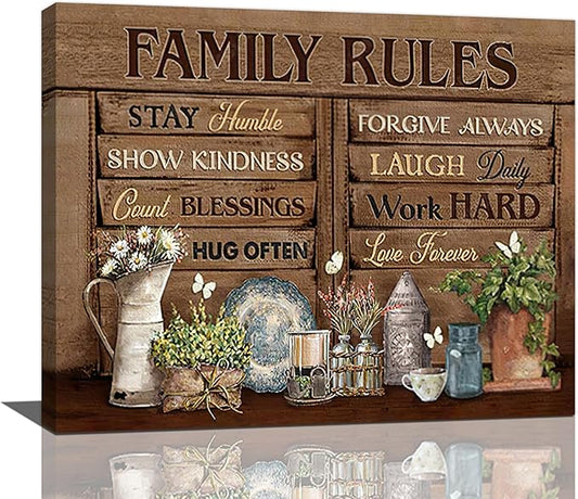 Country Family Rules Wall Art Farmhouse Inspiration Wall Decor Rustic Flower Home Sign Pictures Canvas Painting Artwork Home Decorations For Living Room Bedroom Bathroom Office 24"x20"
