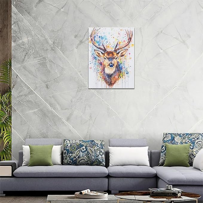 Fleruku Watercolor Deer Wall Art Colorful Elk Wall Decor Antlers Pictures Animal Canvas Painting Artwork Home Decorations for Living Room Bedroom Bathroom Office Nursery Classroom 12"x16"