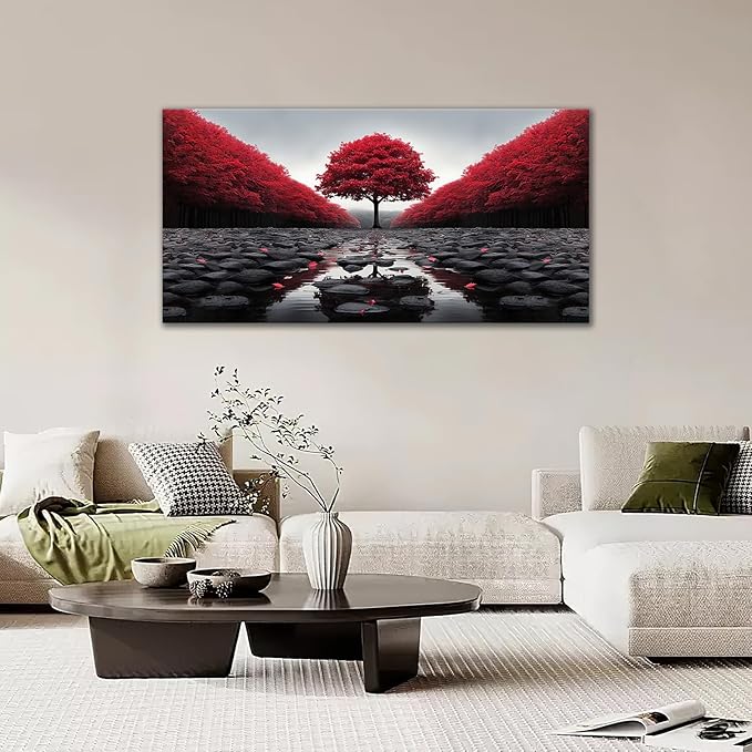 Red Tree Wall Art Tree of Life Large Zen Pictures Wall Decor Black and White Stone Canvas Prints Modern Framed Artwork for Living Room Bathroom Bedroom Office Spa Yoga 60"x30"