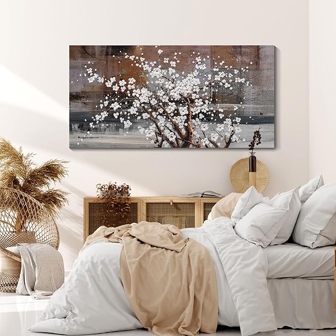Wall Art for Living Room Large Modern Wall Decor Canvas Paintings for Wall Decorations White Flower Graffiti on Brown Background Bedroom Office Artwork Plum Blossom Art Prints Framed 24x48 inches