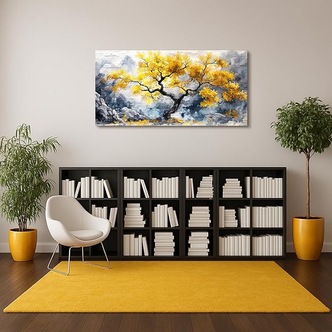 crmotu Tree of Life Large Wall Art, Chinoiserie Scenic Ink Paintings, Mountain Tree Landscape Artwork for Walls, Abstract Watercolor Modern Wall Decor Living Room Bedroom Office Art Prints 24x48inch
