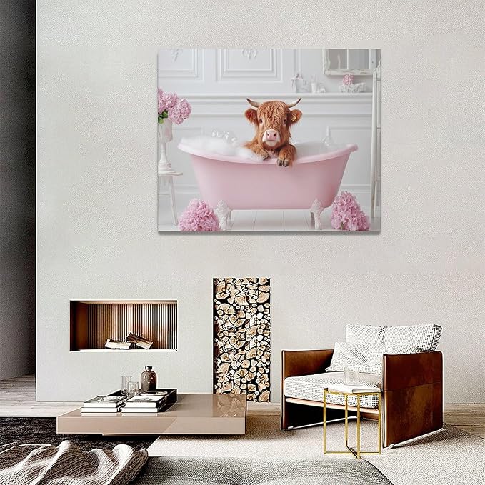 Bathroom Cow Wall Art Highland Cow Wall Decor Pink Pictures Canvas Painting Framed Artwork Home Decorations for Toilet Lavatory Living Room Bedroom 20"x16"