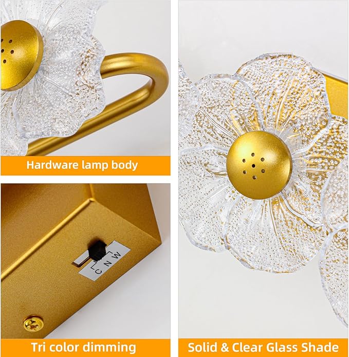 MantoLite Bathroom Light Fixtures Modern Vanity Light Over Mirror Adjustable 3000K-6000K Picture Lights Art Light with Floral Clear Glass Shades for Living Room Bedroom Wall Sconces (5 Light Gold)