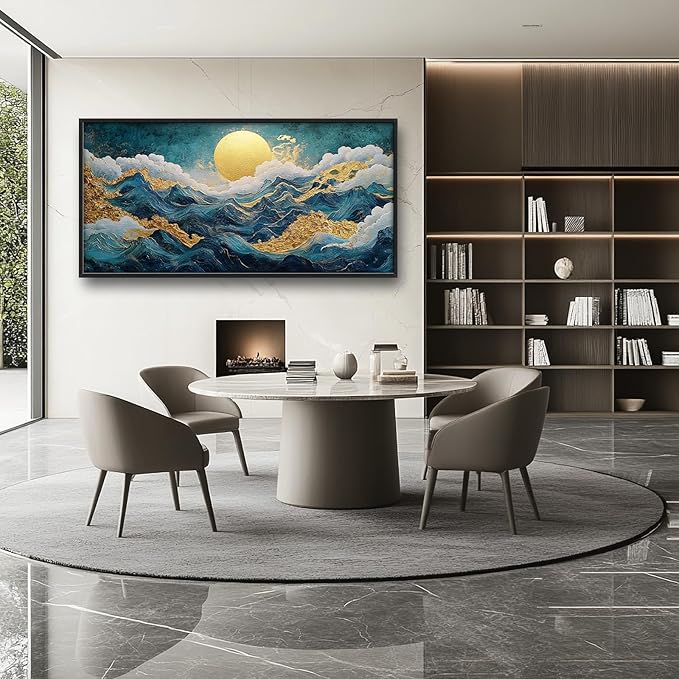 Framed Large Sun Mountain Wall Art, Oversized Teal and Golden Sun Wall Decor for Living Room, Abstract Landscape Canvas Painting Modern Artwork Home Decoration for Living Room Bedroom 60"x30"