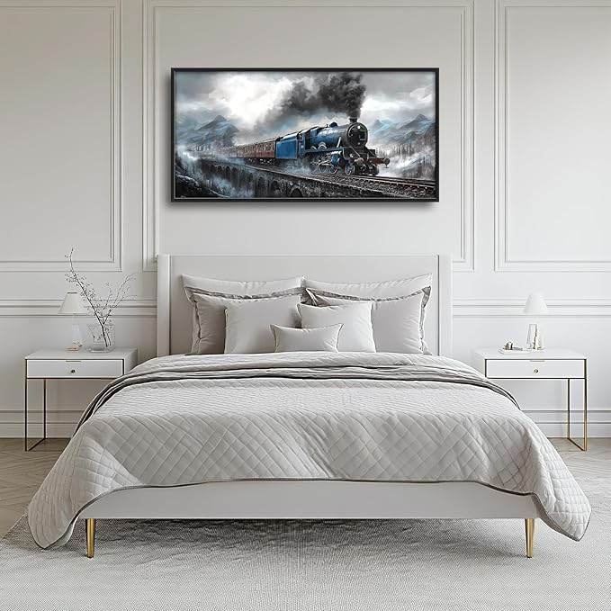 Kylora Train Wall Art Blue Gray Train Pictures Wall Decor Large Master Over Above Bed Canvas Bridge Prints Horizontal Modern Artwork Painting Home Office Decorations For Kitchen Bedroom 30"x60"