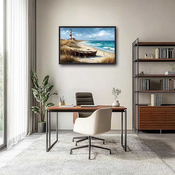Glocmna Large Ocean Lighthouse Wall Art for Living Room Beach Coastal Scenery Wall Decor summer nautical Seascape Canvas Pictures Painting Print Framed Artwork Decorations for Bedroom Home Gifts 24"x36"