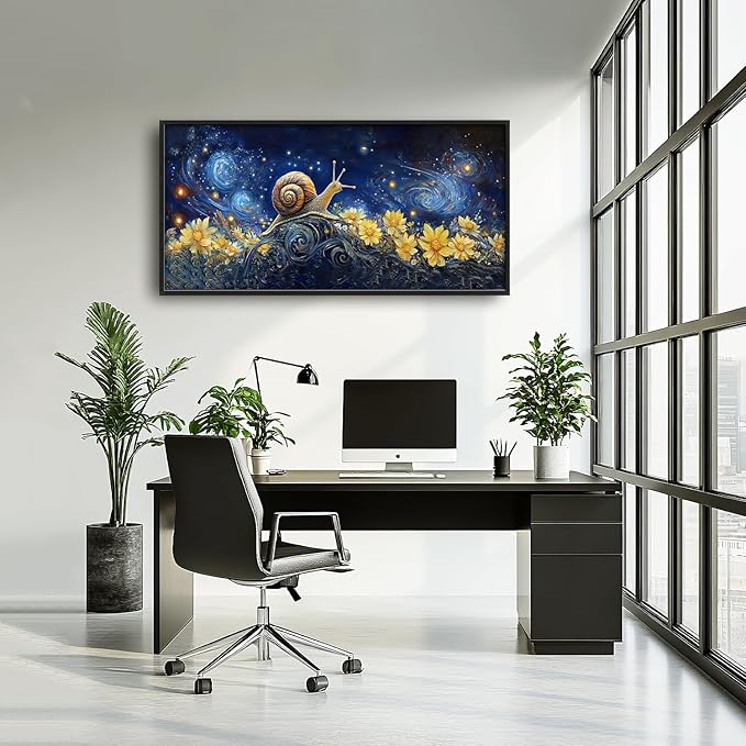 SweetFox Extra Large Snail Sunflower Framed Wall Art for Living Room, Snail Starry Night Sky Pictures Oversized Wall Decor Abstract Big Canvas Painting Print Artwork for Bathroom Bedroom 60L X 30W