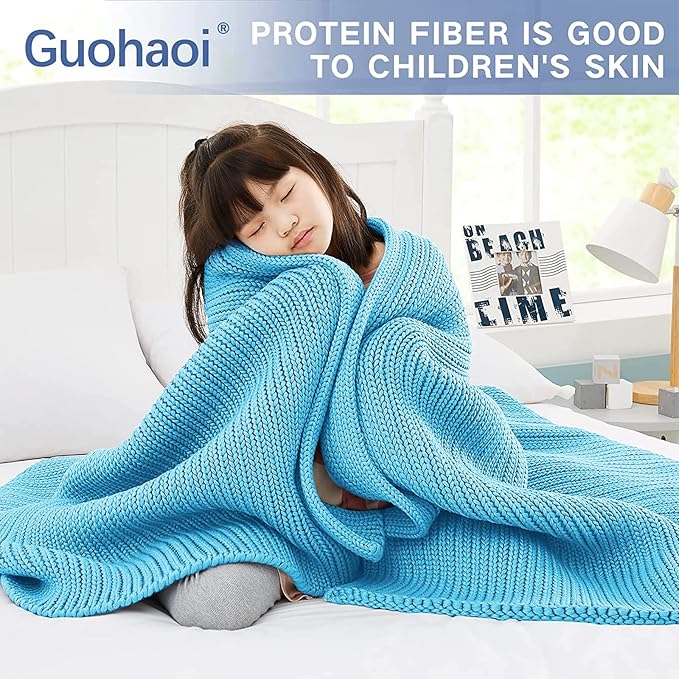Guohaoi Knitted Weighted Blanket(Blue 50"x75" 20lbs),Home Décor Cooling Throw Blanket for Hot Sleepers,Hand Made Chunky Knit Heavy Blanket for Adults Use on Full Size Bed