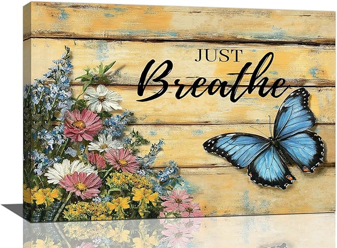 Olivine Butterfly Wall Art, Butterflies Flower Pictures Wall Decor, Just Breathe Painting, Vintage Farmhouse Canvas Prints, Framed Artwork for Living Room Bedroom Bathroom Kitchen Office Home 24"x16"