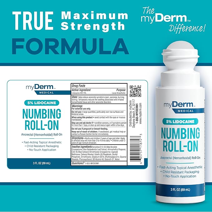 Myderm Medical 5% Lidocaine Roll On - 3 fl oz - for Minor Aches, Scratches and Anorectal Discomfort - Made in The USA.