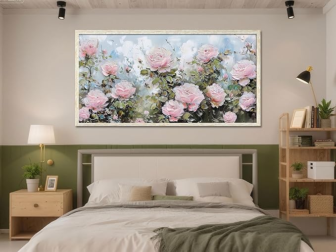 Ardemy Pink Rose Wall Art Canvas for Living Room Flower Painting Modern Textured Floral Bedroom Picture Artwork Framed Home Office Kitchen Decor, Extra Large 58"x29"