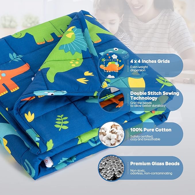 Sivio Weighted Lap Pad 2lbs, Cotton Weighted Blanket Sensory Weighted Lap Blanket Indoor Outdoor, 19 x 21 Inch, Blue Dinosaur