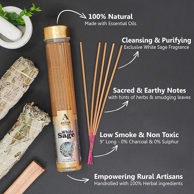 The Aroma Factory White Sage Agarbatti for Pooja, Luxury Incense Sticks, Low Smoke & Zero Charcoal, Premium & Fresh Fragrance for Home, Meditation, 100g X 1Bottle Pack