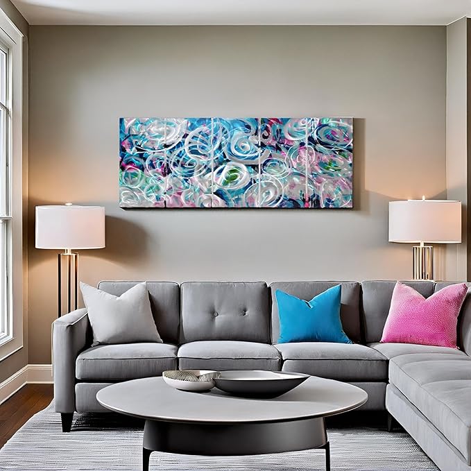RICHSPACE ARTS Abstract Metal Wall Art with 3D Textured Swirls 5 Pieces Blue and Pink Modern Wall Decor Large Hanging Sculptures for Living Room Bedroom Office Home Gift Ideas