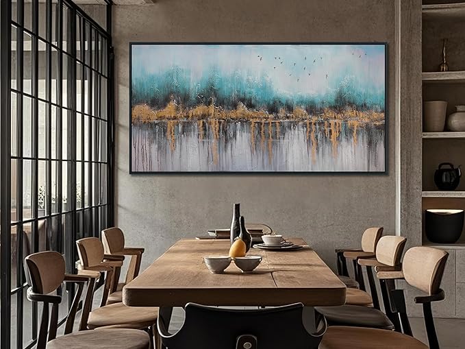 Ardemy Teal Abstract Canvas Wall Art for Living Room Landscape Painting Bedroom Turquoise Grey Textured Picture Artwork Wall Art for Men Home Office Wall Decor, Black Wood Framed Large 48"x24"