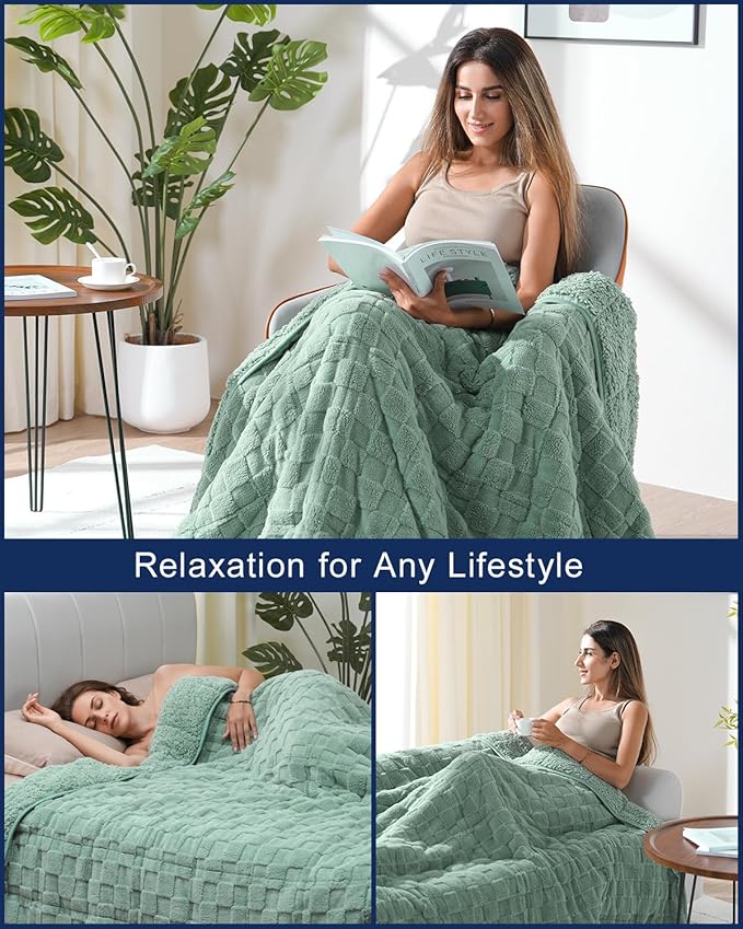 Kivik Weighted Blanket for Adult, 15 lbs Checkered Throw Blankets, Soft Dual Sided Heavy Fleece Checkerboard Blanket for Couch Sofa Bed, Queen Size 60 x 80 Inches, Sage Green