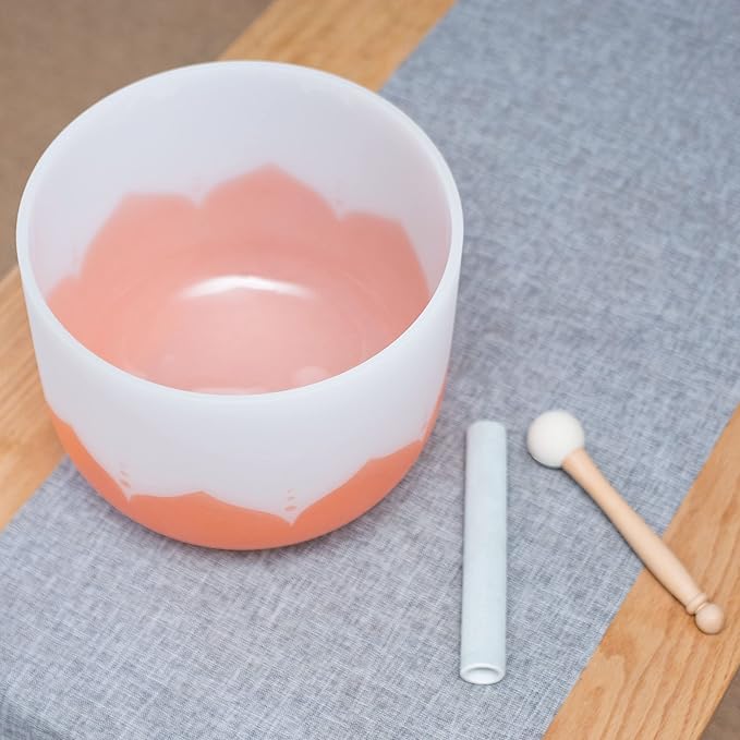 Leize Quartz Crystal Singing Bowl 432hz D Note Sacral Chakra Navel Chakra Orange Lotus Design 11" Wide with Suede Striker