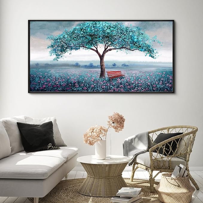 KLAKLA Extra Large Tree Wall Art - Teal Blue Nature Tree of Life Abstract Canvas Painting for Living Room Modern Large Panoramic Landscape Framed Artwork for Bedroom Office Home Decor