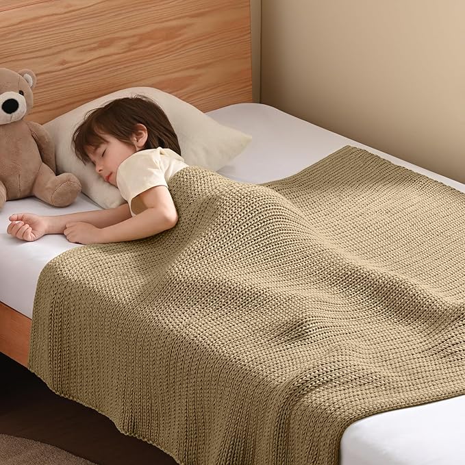 Guohaoi Knitted Weighted Blanket Kids (Beige 50"x60" 5lbs) No Beads Cooling Heavy Blanket, Home Decor Breathable Chunky Knit Throw Blanket for All-Season Use