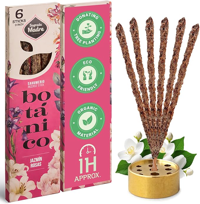 Jasmine Incense Sticks - 6 Handmade Extra-Long & Thick Sticks with Essential Oils, Rose Petals & Jasmine for Abundance, Calm & Relaxation - 1 Hour Burn Time