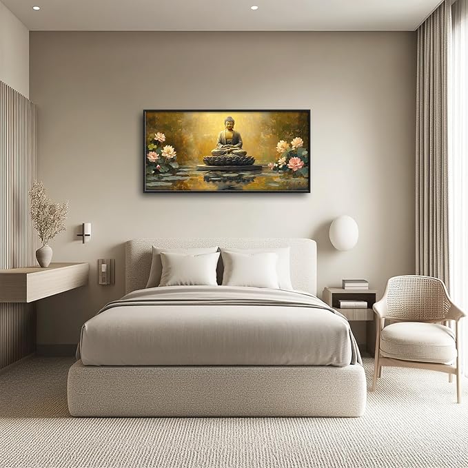 Buddha Large Wall Art Golden Buddhist Pictures Wall Decor Zen Lotus Big Canvas Painting Prints Framed Artwork Home Decorations Above Bed for Bedroom Living Room Dining Room Bathroom 60"x30"