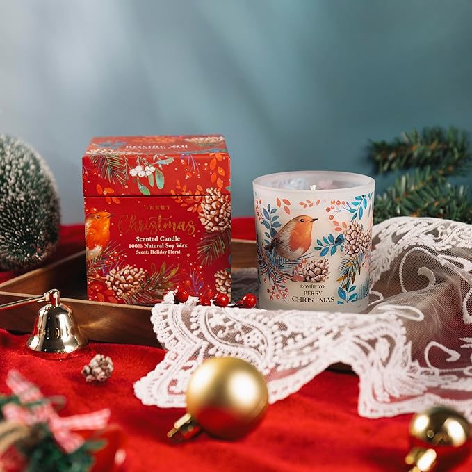 Christmas Scented Jar Candle - 6oz Soy Wax Candle - Berry Christmas Infused with Holiday Floral Aroma - with Beautiful Keepsake Box Special for Christmas/Holiday Gifts