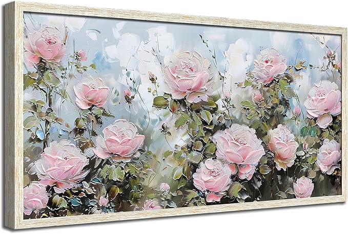 Ardemy Pink Rose Wall Art Canvas for Living Room Flower Painting Modern Textured Floral Bedroom Picture Artwork Framed Home Office Kitchen Decor, Large 48"x24"