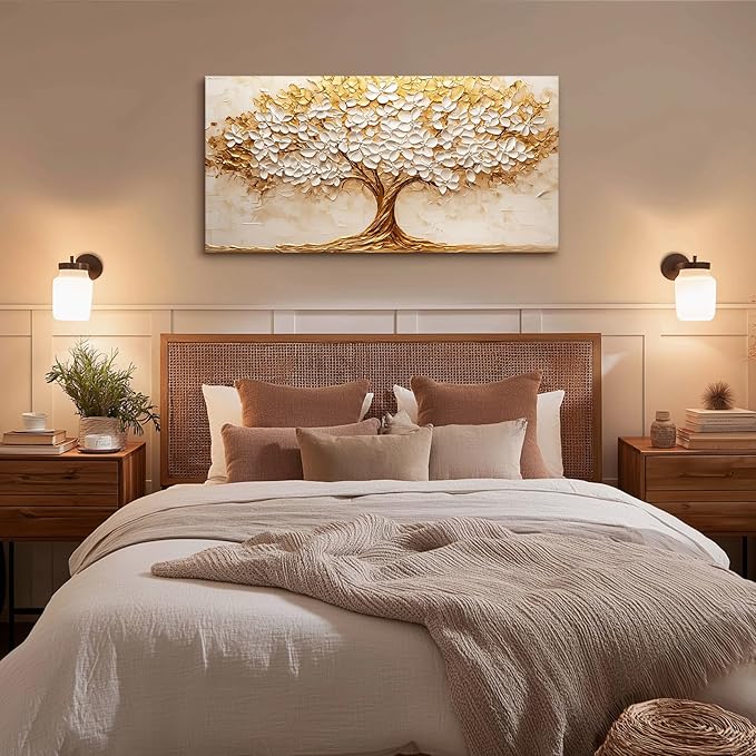 crmotu Tree of Life Large Wall Art, Blooming Flower Tree Art Prints, White Gold Abstract Landscape Paintings, Modern Trendy Home Wall Decor Living Room Bedroom Above Bed Canvas Pictures 24x48 Inch