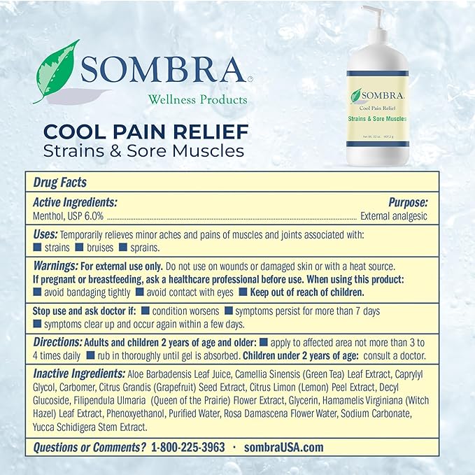 Sombra Original Cool Therapy Gel Cold Pain Relief for Swelling, Growing Pains, Soreness, Post-Workout, Vegan Formula Free of Artificial Fragrances, Dyes, NSAID, Wax, Petroleum, Alcohol - 32oz Pump