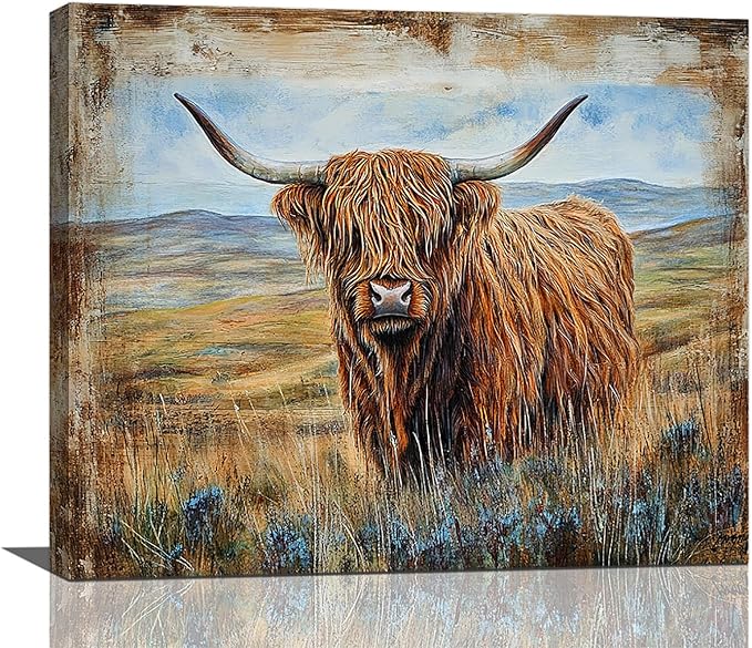 Olivine Highland Cow Wall Art, Rustic Farmhouse Cow Pictures Wall Decor, Country Painting Canvas Prints, Framed Artwork for Bathroom Bedroom Living Room Office Home Decoration 24"x20"