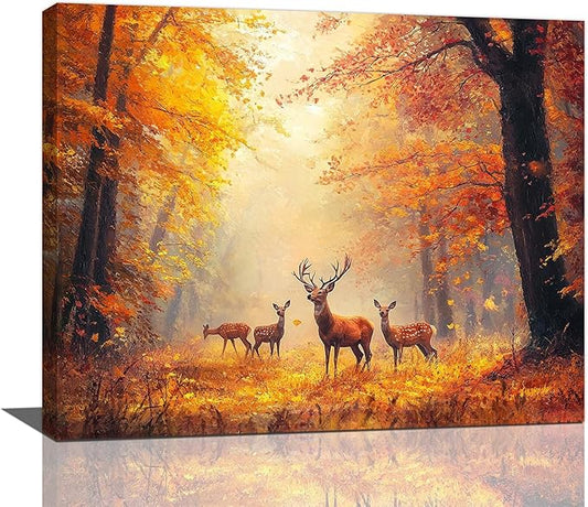 Olivine Deer Wall Art, Autumn Forest Pictures Wall Decor, Wildlife Painting, Fall Landscape Canvas Prints, Framed Artwork for Bathroom Bedroom Living Room Office Home Decoration 20''x16''