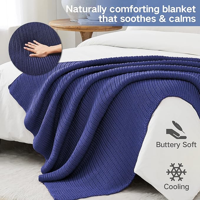 Guohaoi Knitted Weighted Blanket for Adults (Blue 60"x80" 15lbs) No Beads Cooling Throw Blanket for Hot Sleepers, Home Decor Breathable Chunky Knit Heavy Blanket Use on Queen/King Size Bed