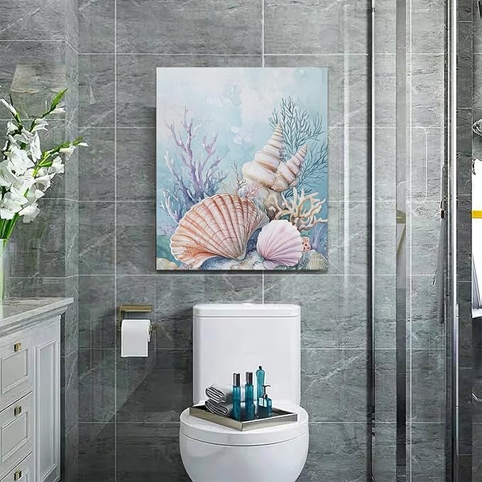 Fleruku Beach Coral Shells Wall Art Nautical Sea Wall Decor Ocean Pictures Canvas Painting Artwork Home Decorations for Living Room Bedroom Bathroom Office Nursery 20"x24"