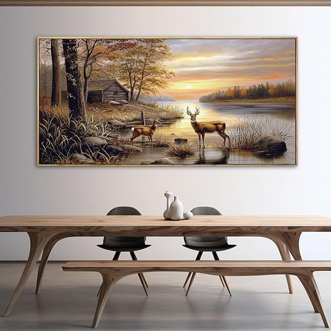 yiijeah Deer Pictures Wall Decor - Autumn Rustic Forest Cabin Painting Prints Wildlife Pictures Animal Elk Poster Oversize Canvas Wall Art Modern Hunting Decor Framed Artwork for Walls