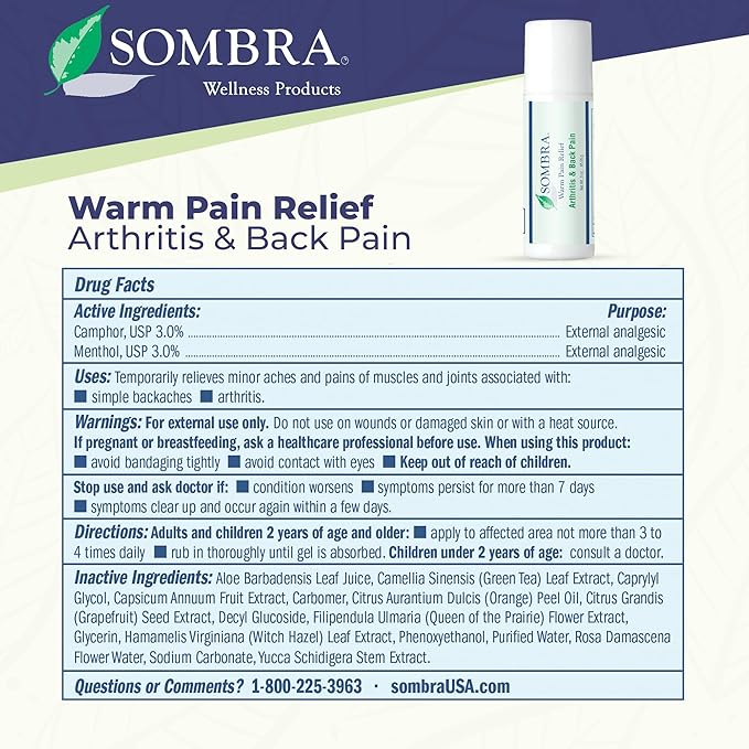 Sombra Warm Pain Relief Gel, Warm Relief for Arthritis and Chronic Pain Pre-Workout Muscle Rub Vegan Formula Free of Artificial Fragrances, Dyes, NSAIDs, Wax, Petrv