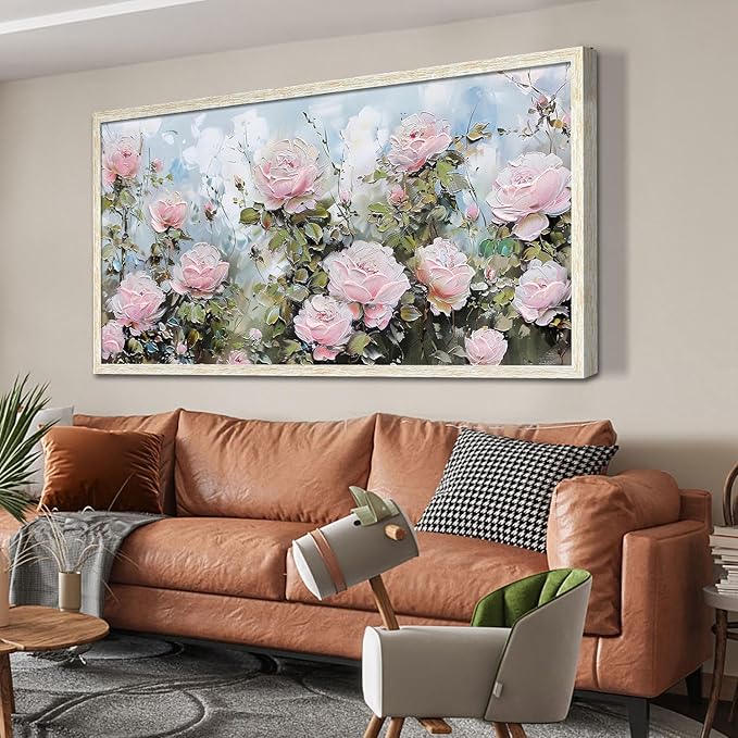 Ardemy Pink Rose Wall Art Canvas for Living Room Flower Painting Modern Textured Floral Bedroom Picture Artwork Framed Home Office Kitchen Decor, Large 48"x24"