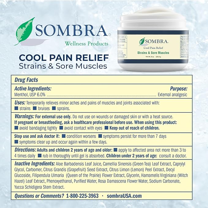 Sombra Original Cool Therapy Gel Cold Pain Relief for Swelling, Growing Pains, Soreness, Post-Workout, Vegan Formula Free of Artificial Fragrances, Dyes, NSAID, Wax, Petroleum, Alcohol - 8oz Per Jar
