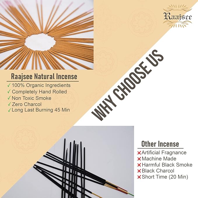 Raajsee Incense Sticks Multipack 15 Sticks x 5 Pack -100% Pure Organic Natural Assorted insense Stick - Hand Rolled Free from Chemicals -Perfect for Church Aromatherapy, Sandalwood,White sage, Rose