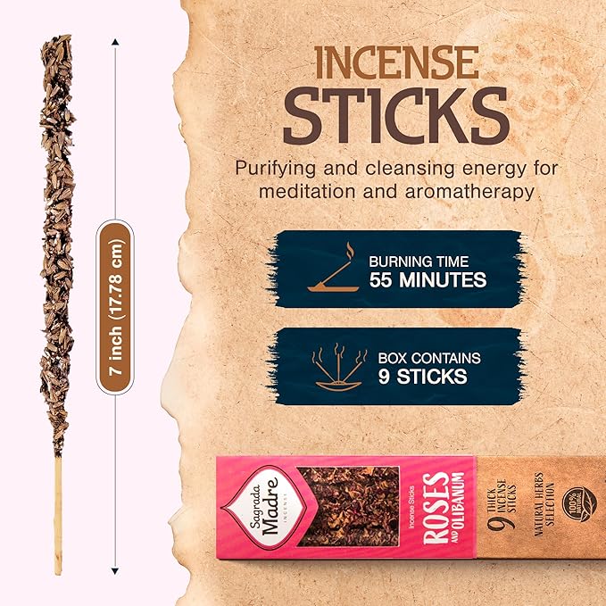 9 pcs Wildly Harvested - Rose & Olibanum/Frankincense Incense Sticks, 7" Long - Thick Aromatic Incense Sticks (45-55 min Burning Time) to Neutralize Negative Energies & Harmonizing Space