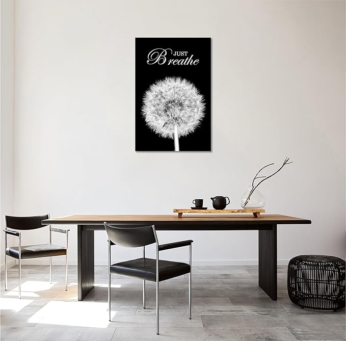 YIOZHAOFH Black Dandelion Picture Artwork Bedroom Decoration Just Breathe Canvas Painting Photo Relaxing Meditation Art Wall Decor Framed for Home Room Office Dorm (16L x 24W)