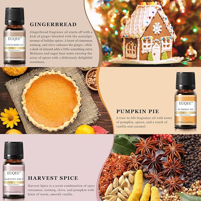 Holiday Cheer Premium Fragrance Oils Set of 6 - Forest Pine, Christmas Wreath, Brown Sugar, Harvest Spice, Gingerbread, Pumpkin Pie - Scented Oils for Diffuser, Candle Making (10ml)