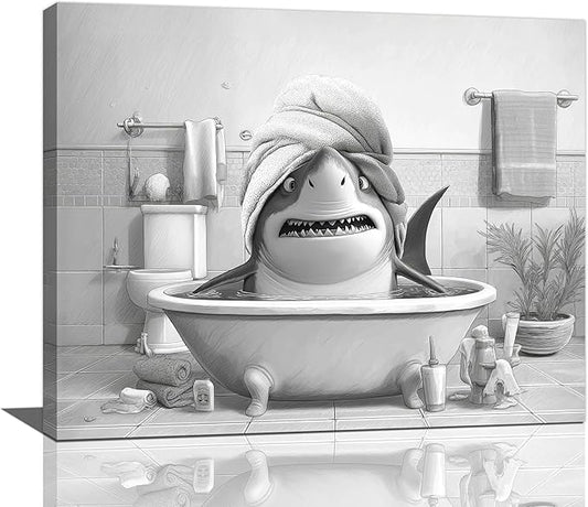 Funny Shark Bathroom Decor Wall Art Black and White Bathroom Pictures Painting Canvas Framed Toilet Humor Artwork Restroom Home Decoration Gifts for Women Girl 16"x20"